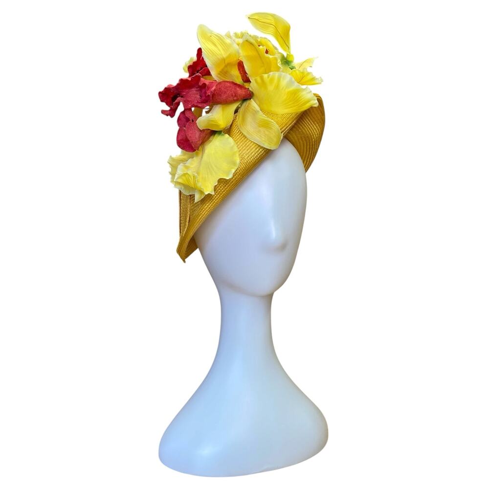 1980s Jack McConnell Yellow Tilt Hat | Vintage Floral Derby Church Hat